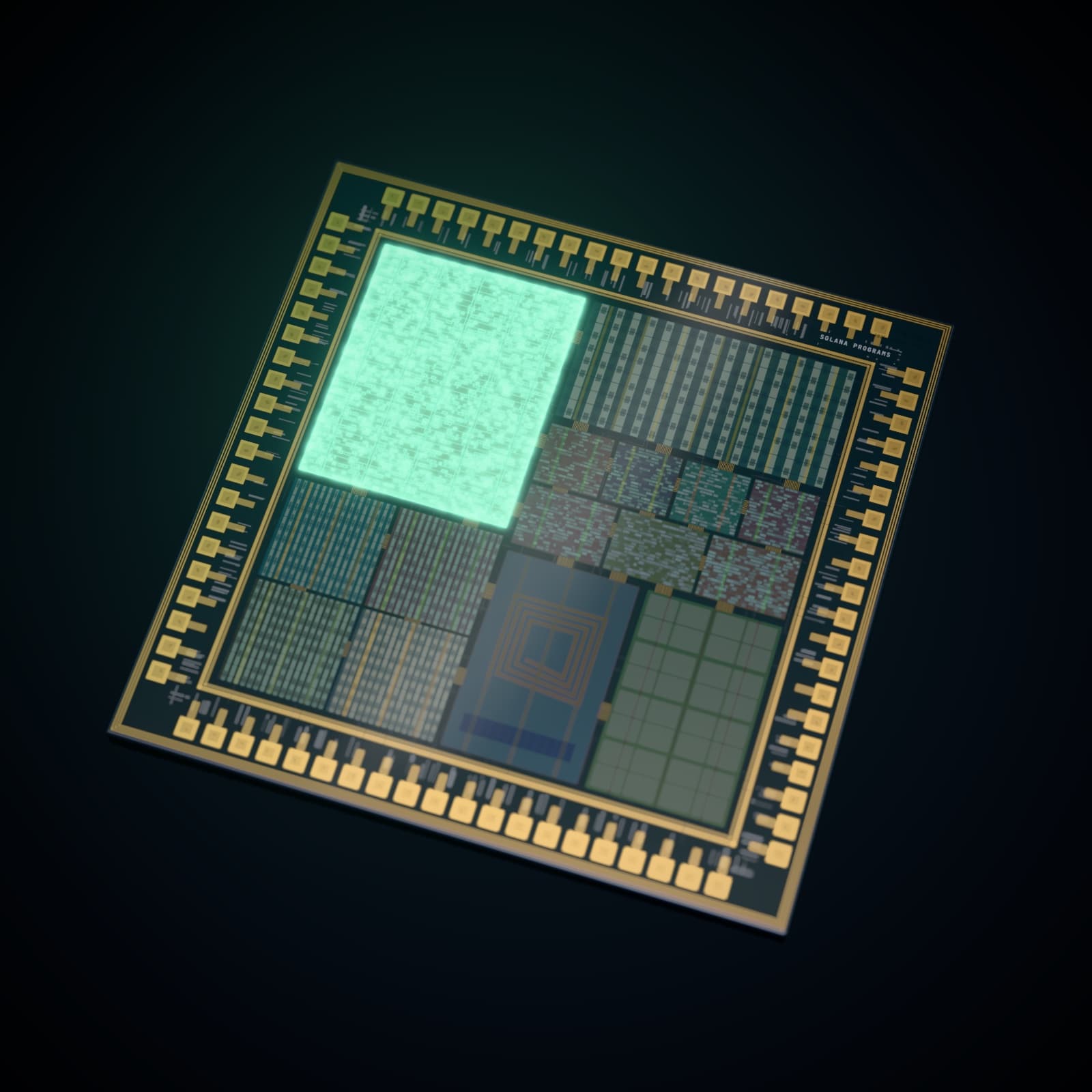 Die render for Solana programs, with blocks for the stories.fun presale and launcher, duo-liquidity-damm, honorary-dammv2-crank, jup-100xtakshak and solsec. The presale program glows.