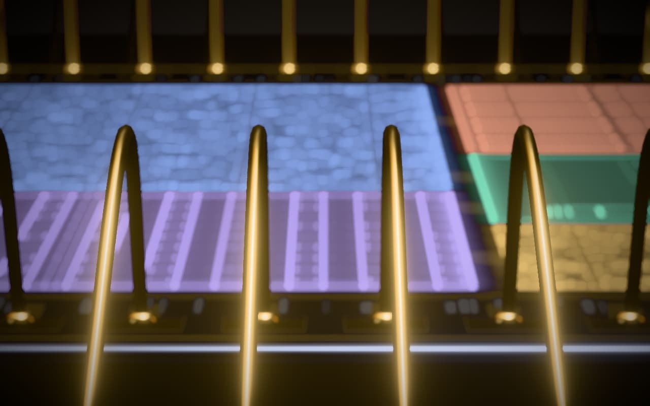 Low macro render across the TM-26 die, with gold bond wires in focus in front and its five area blocks glowing in their signal colours behind.